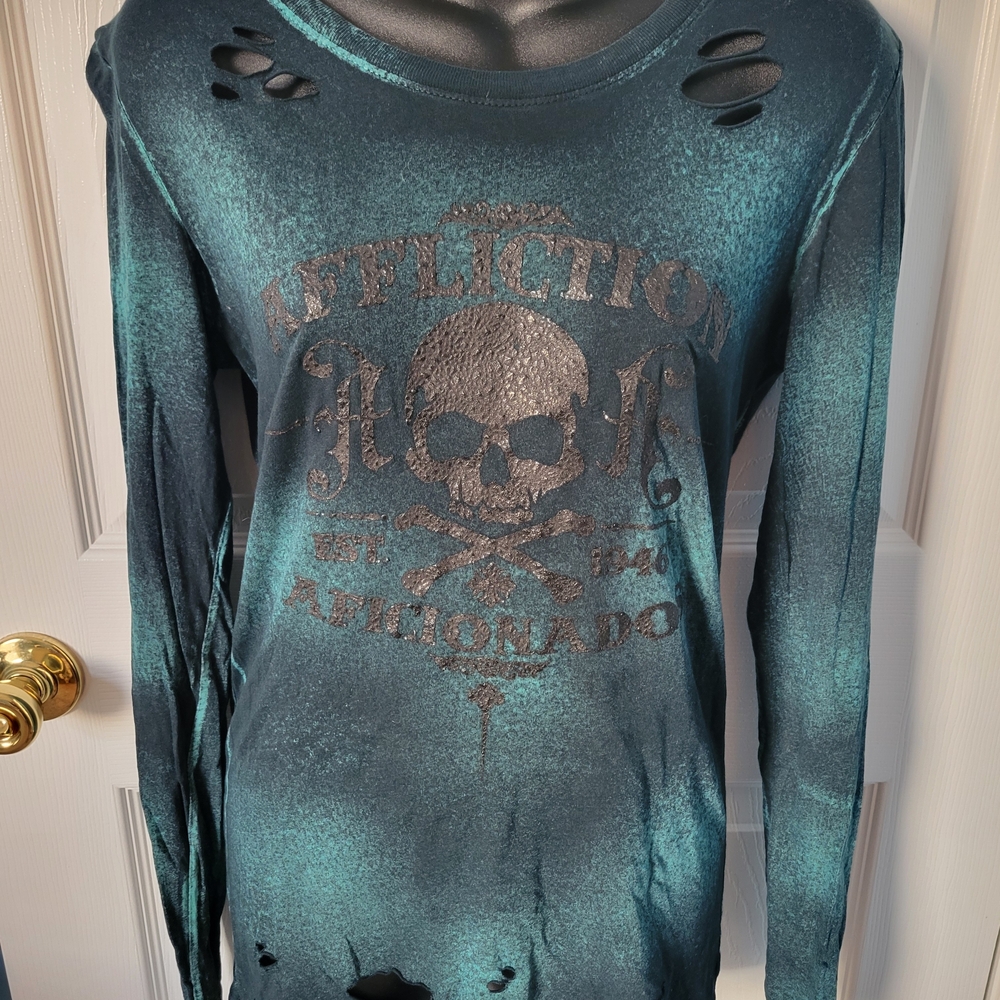 Affliction Distressed Teal Long Sleeve Top